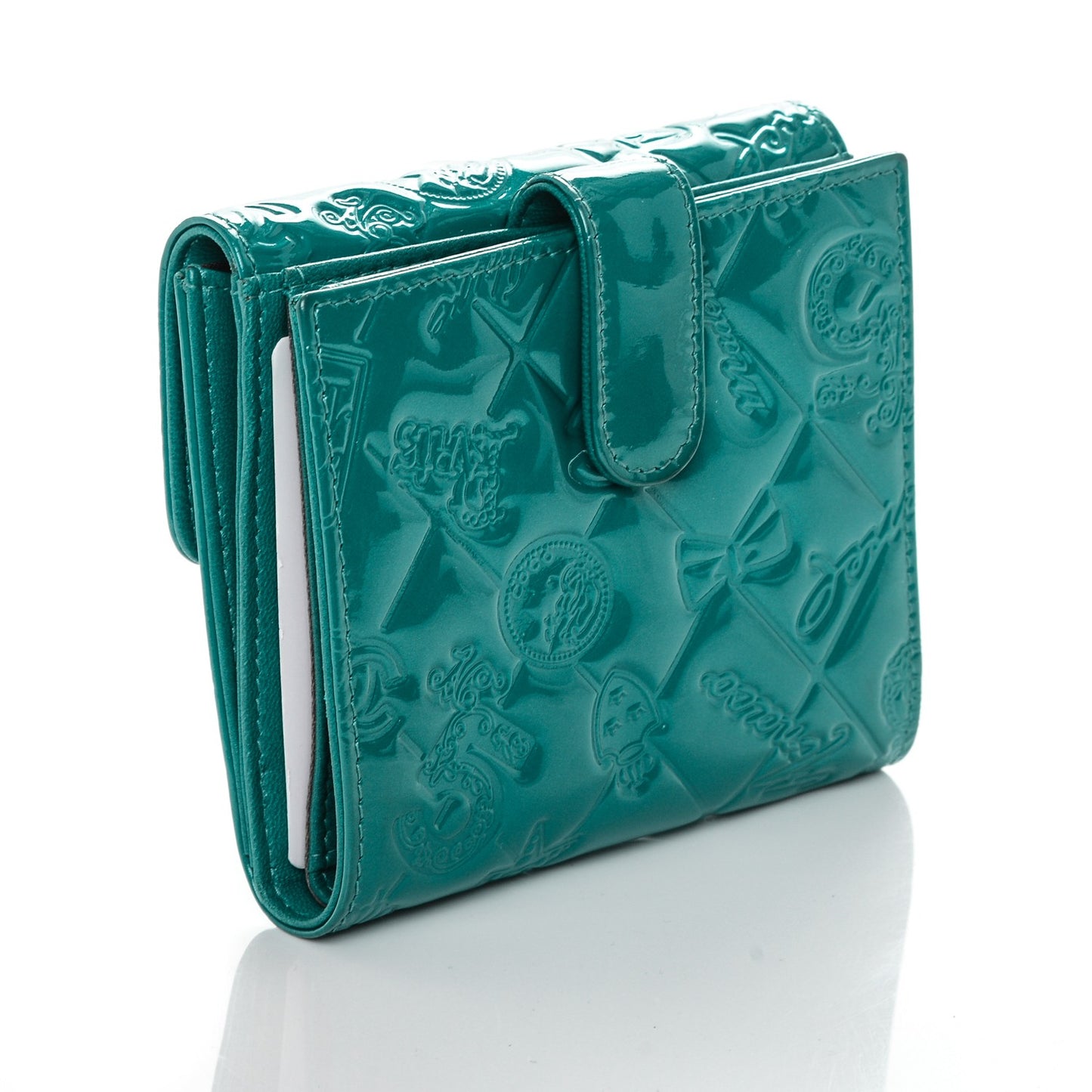 Patent Calfskin Lucky Symbols Compact French Flap Wallet Turquoise