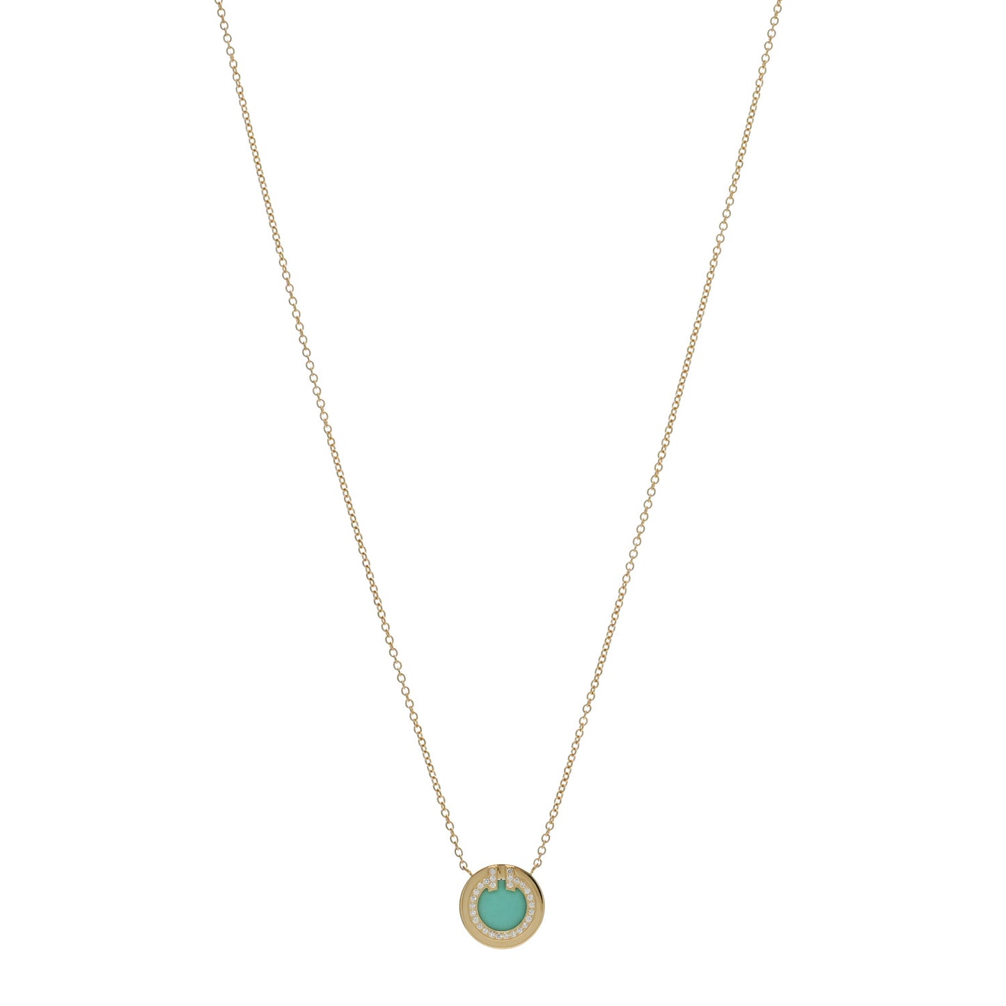 18K Rose Gold Diamond Turquoise Small T Circle Pendant Necklace