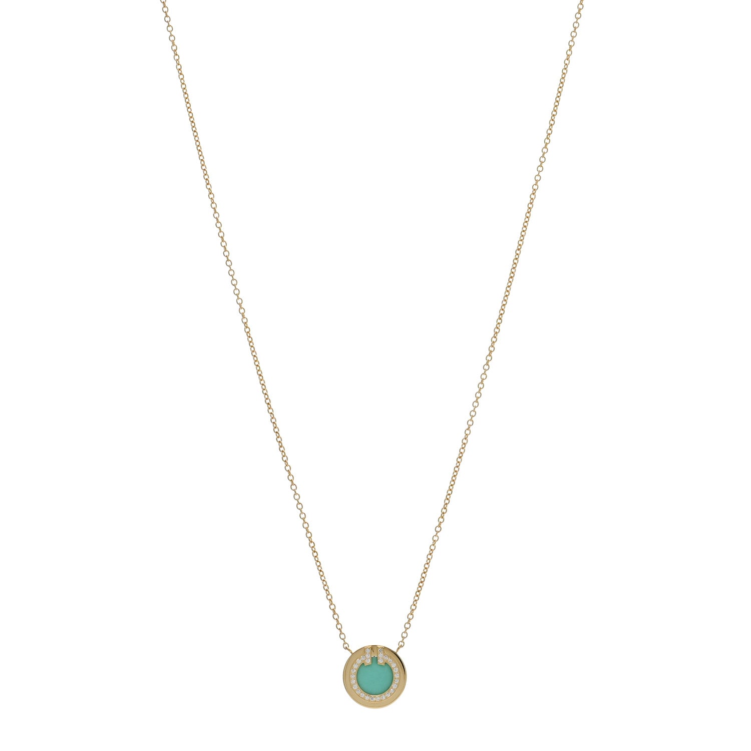 Tiffany 18K Rose Gold Diamond Turquoise Small T Circle Pendant Necklace 1 of 4
