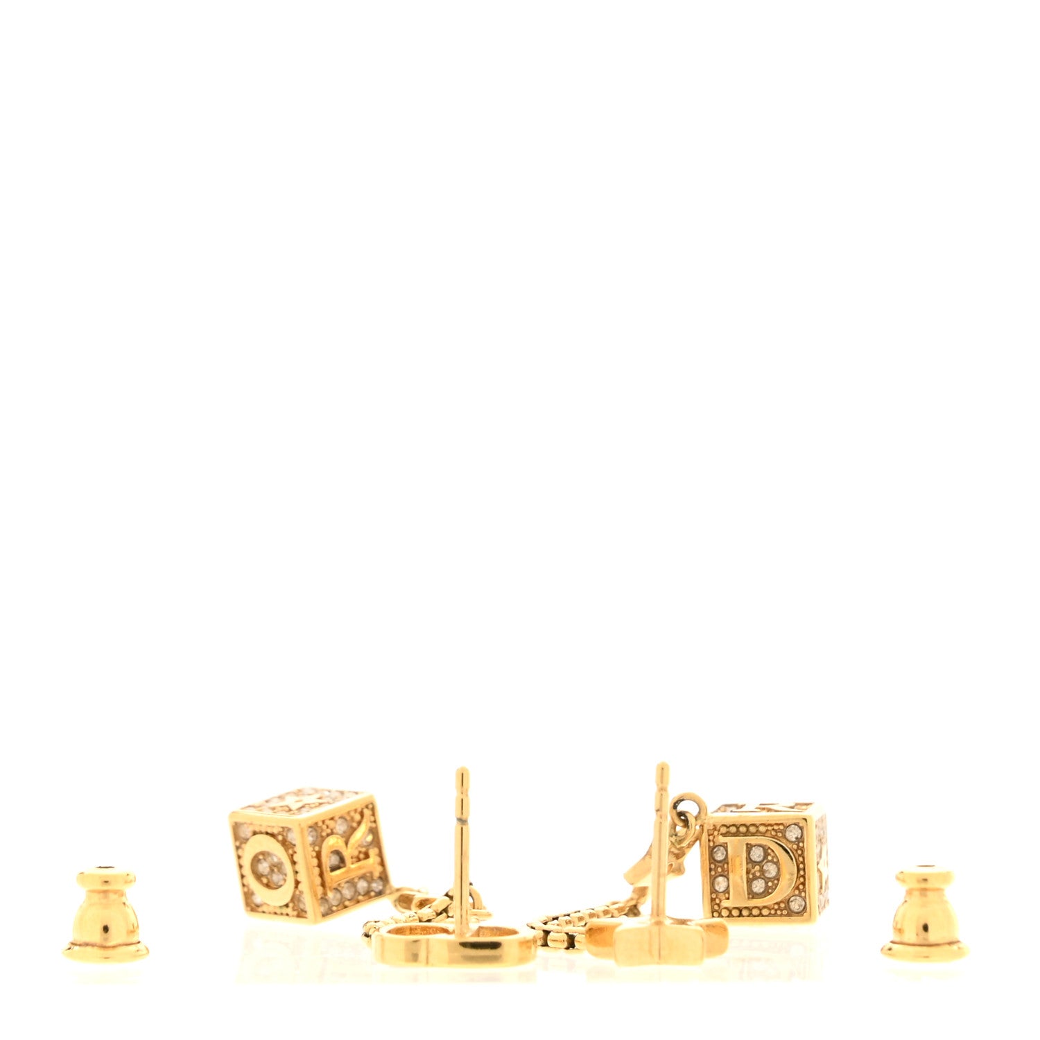 Christian Dior Metal Crystal Lucky Square Drop Earrings Gold 3 of 3