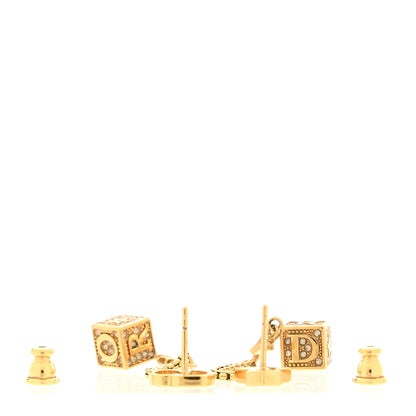 Christian Dior Metal Crystal Lucky Square Drop Earrings Gold 3 of 3