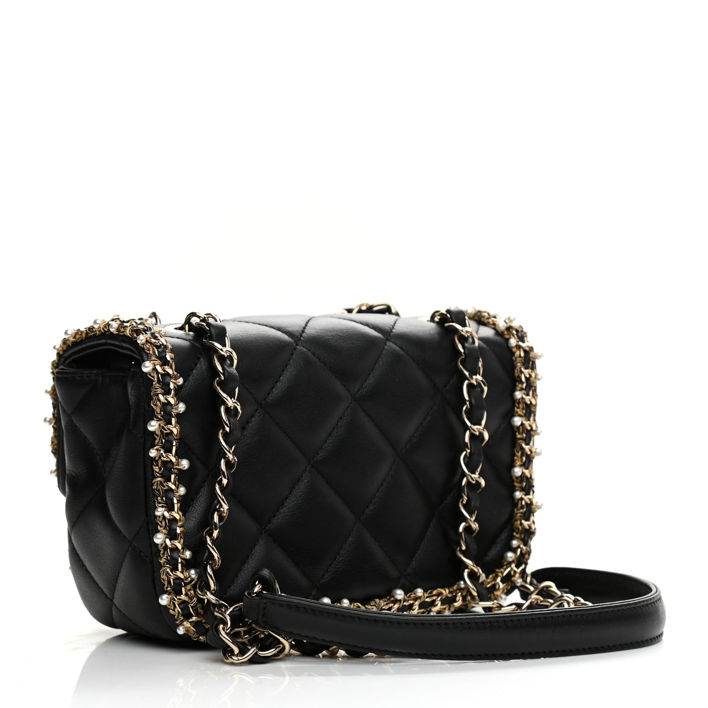 Lambskin Quilted Pearl Edge Mini Rectangular Flap Bag Black