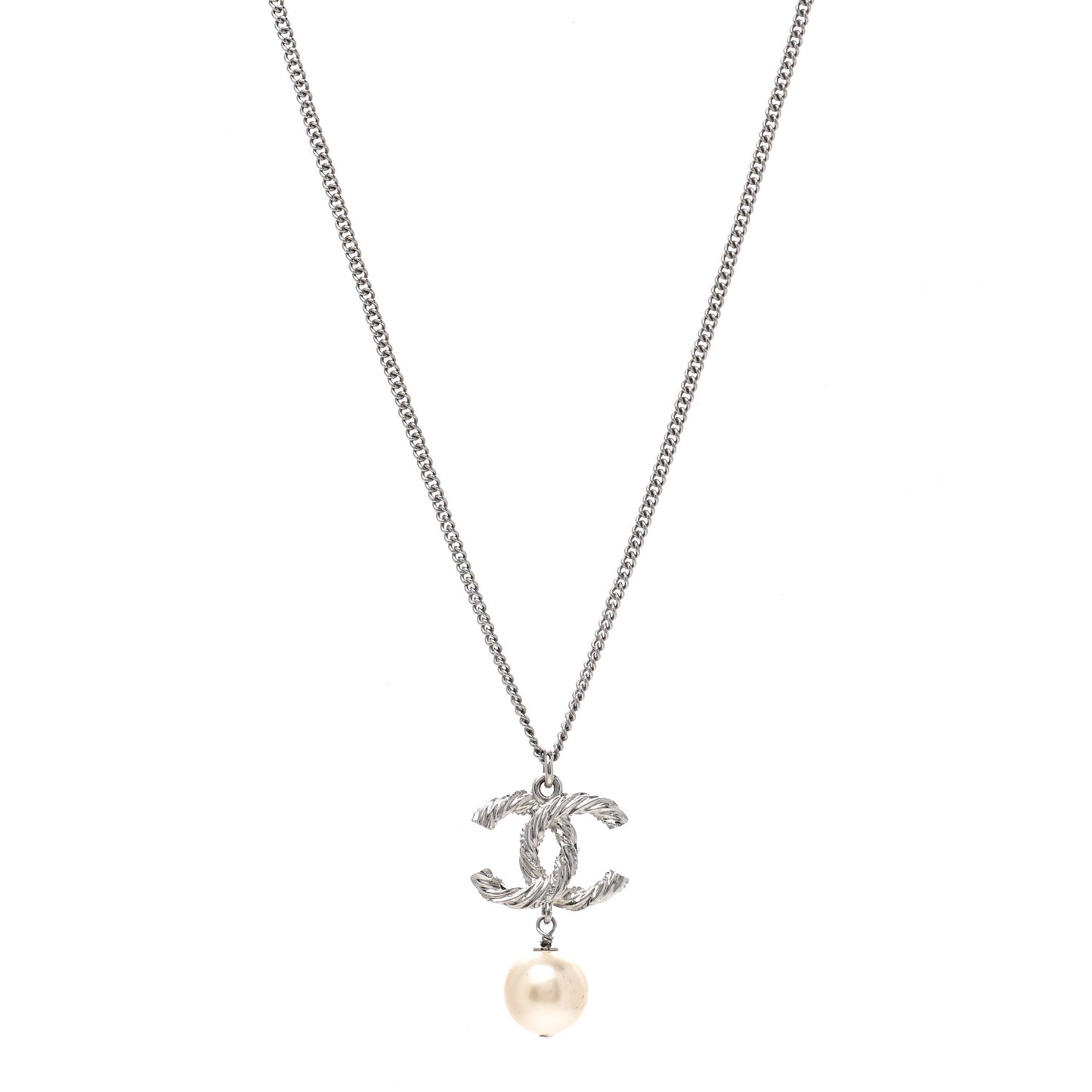 Crystal Pearl Twisted CC Drop Necklace Silver