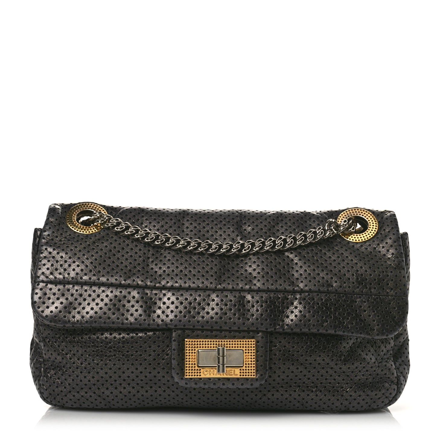 Metallic Crackled Calfskin Large Perforated Drill Flap Black