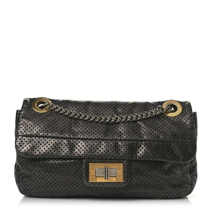 Chanel Metallic Crackled Calfskin Large Perforated Drill Flap Black 1 of 8