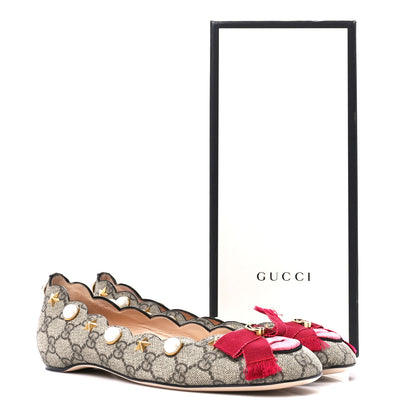 Gucci Monogram G Pearl Scalloped Flats 39 Beige Red 10 of 10