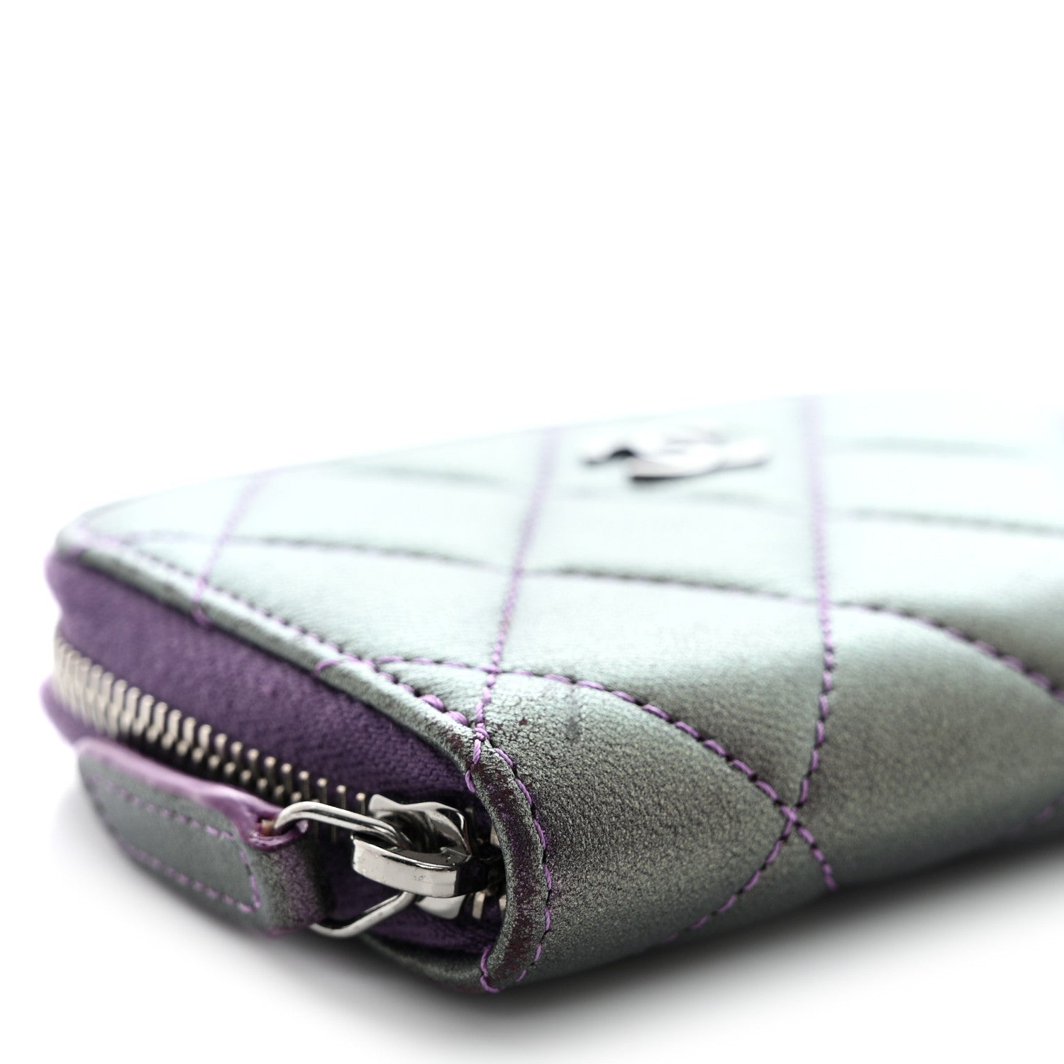Chanel Metallic Lambskin Quilted Zip Around Coin Purse Wallet Purple 8 of 13