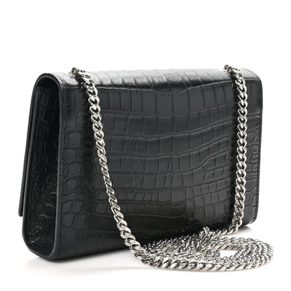 Saint Laurent Calfskin Crocodile Embossed Small Classic Monogram Kate Tassel Satchel Black 2 of 10