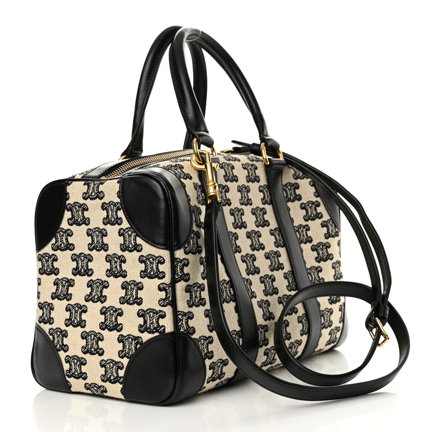 Celine Canvas Calfskin Triomphe Embroidered Boston Bag Black 3 of 12