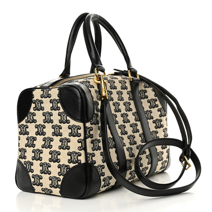 Celine Canvas Calfskin Triomphe Embroidered Boston Bag Black 3 of 12