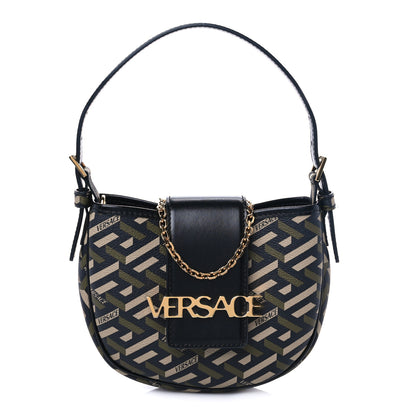 Versace Coated Canvas Calfskin Mini La Greca Signature Shoulder Bag Black Khaki 1 of 6