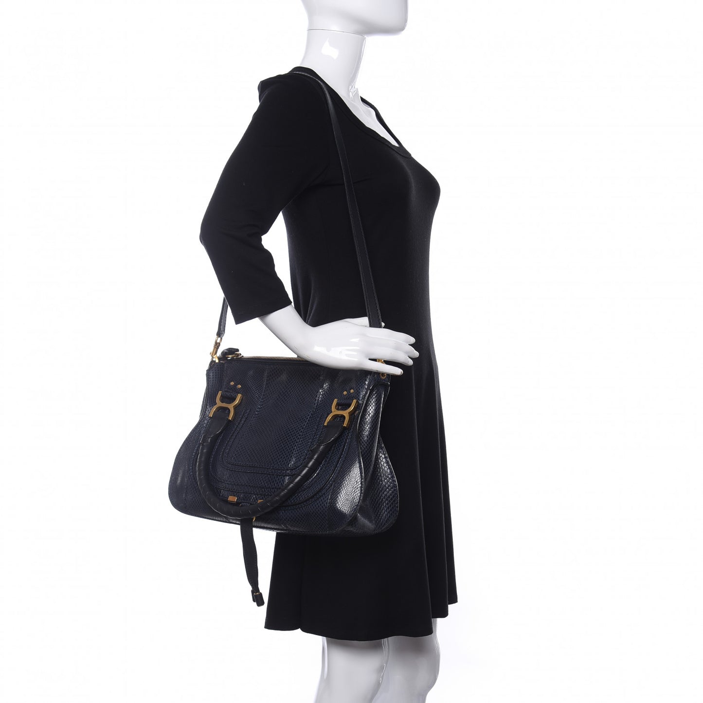 Calfskin Snake Embossed Medium Marcie Satchel Navy