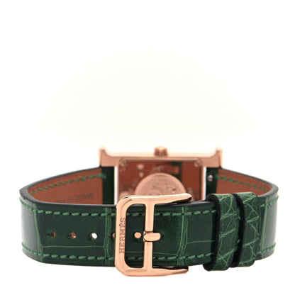 Hermes 18K Rose Gold Alligator Diamond Bezel Malachite 21mm Heure H Hour Quartz Watch Vert Moyen 3 of 5