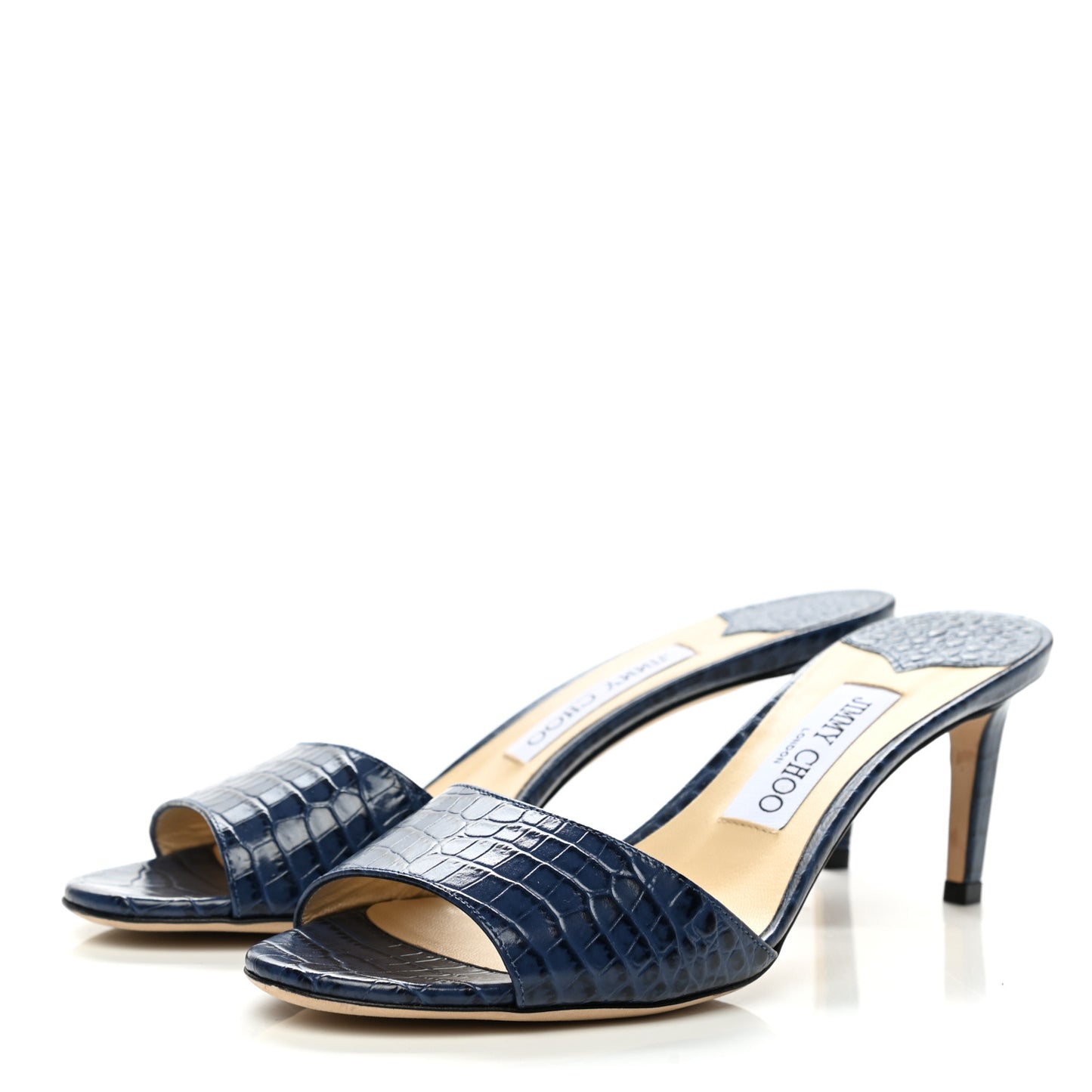 Calfskin Crocodile Embossed Stacey 65 Sandal Pumps 38.5 Denim