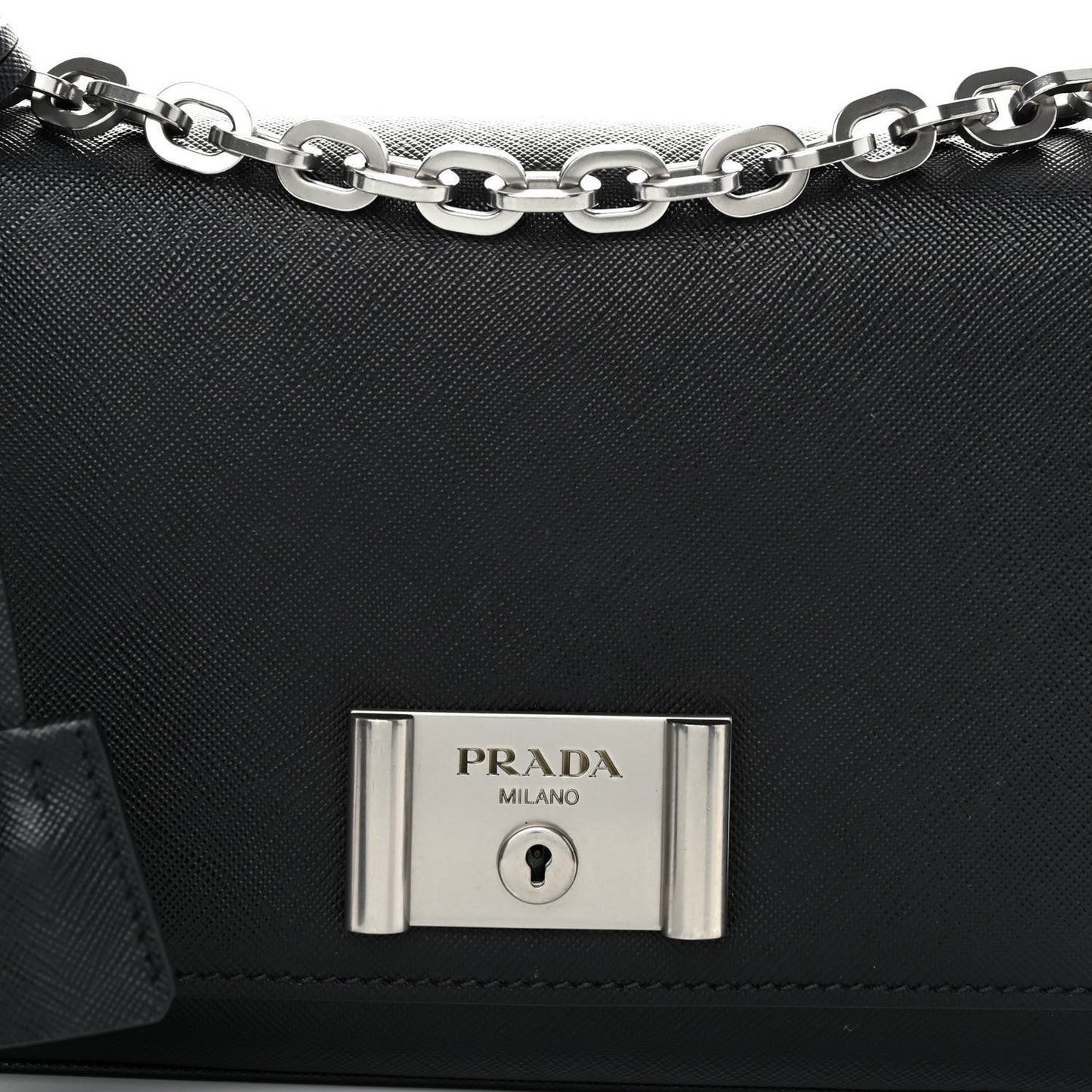 Saffiano Lux Lock Flap Chain Shoulder Bag Black