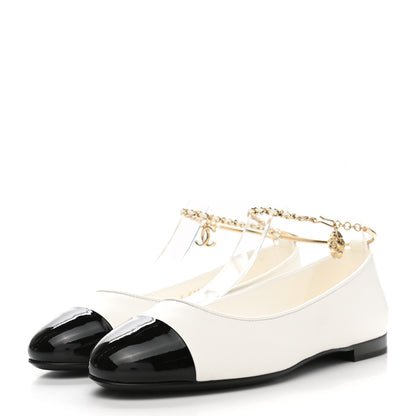 Chanel Lambskin Patent Calfskin Cap Toe Ankle Chain Ballerina Flats 39 White Black 3 of 9