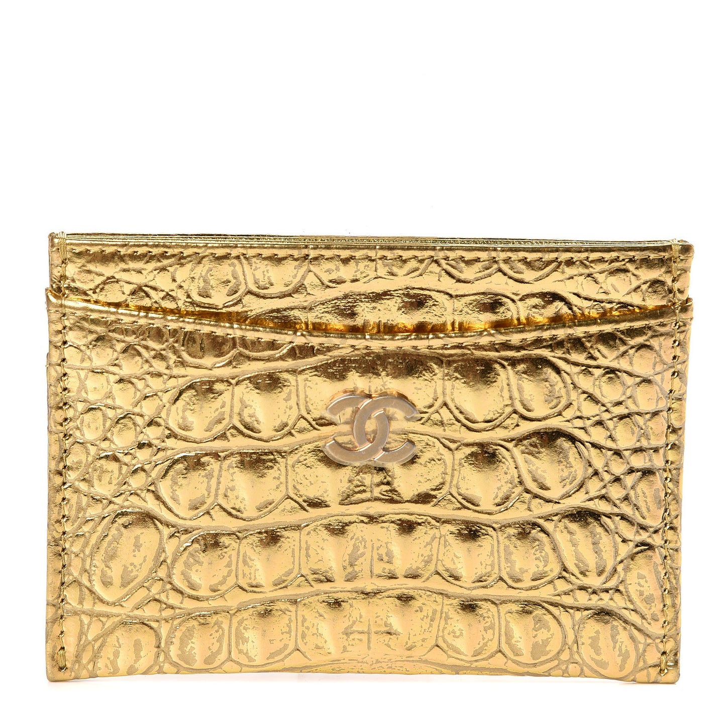 Metallic Calfskin Crocodile Embossed Cocodile Card Holder Gold