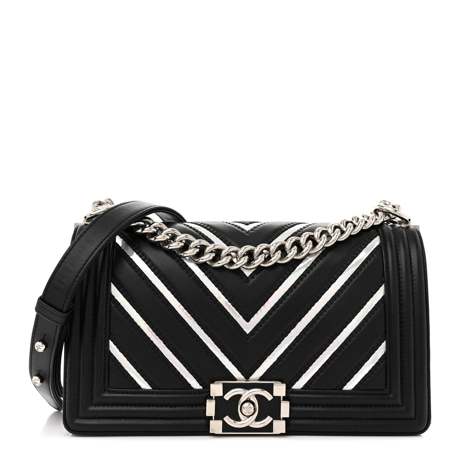 Chanel Lambskin Iridescent PVC Chevron Quilted Medium Boy Flap Black Silver 1 of 10