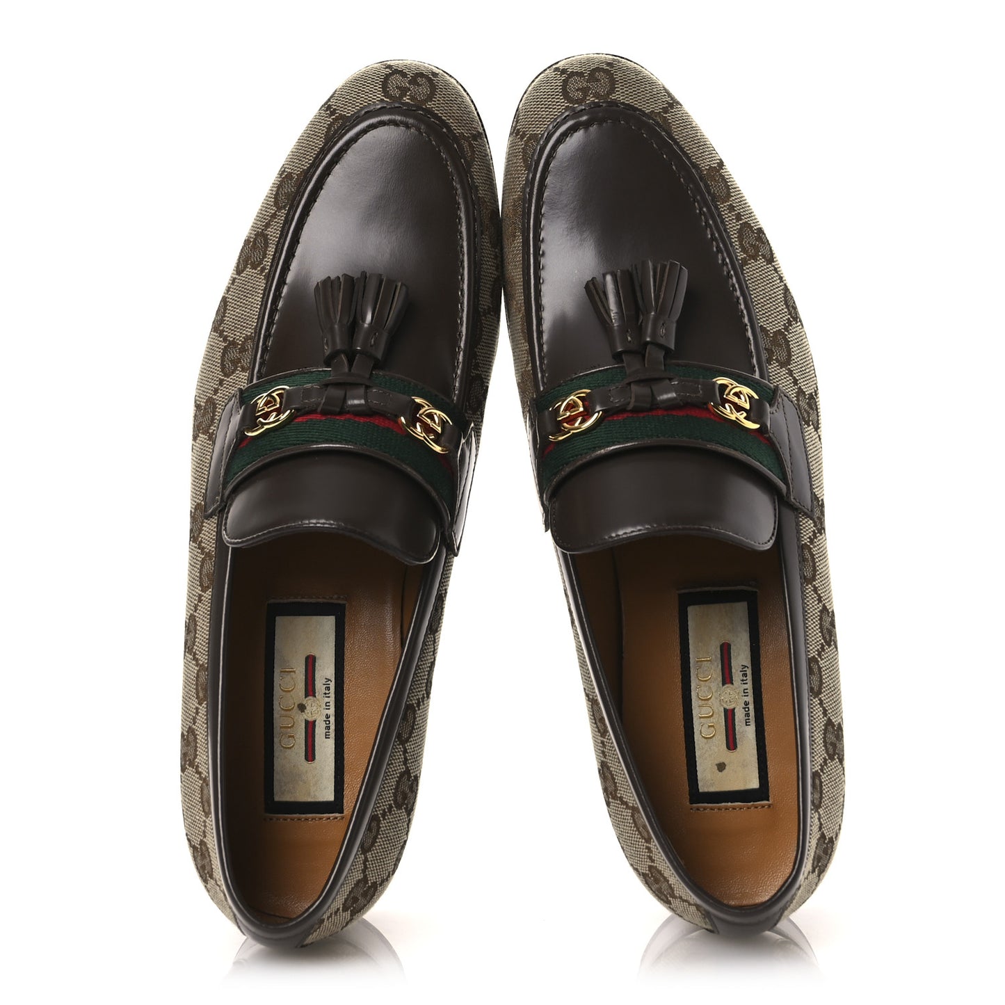 Monogram Calfskin Web Womens Tassel Loafers 37 Beige Brown