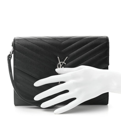 Saint Laurent Grain De Poudre Matelasse Chevron Monogram Envelope Clutch Black 2 of 7