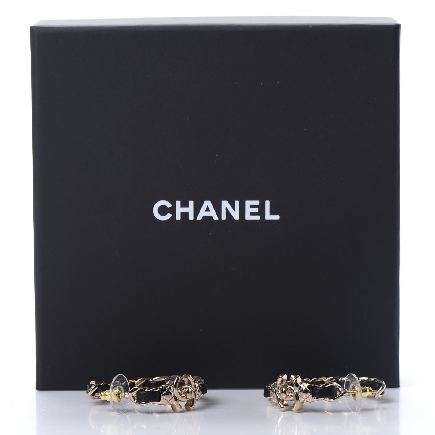 Lambskin CC Turnlock Chain Hoop Earrings Gold Black