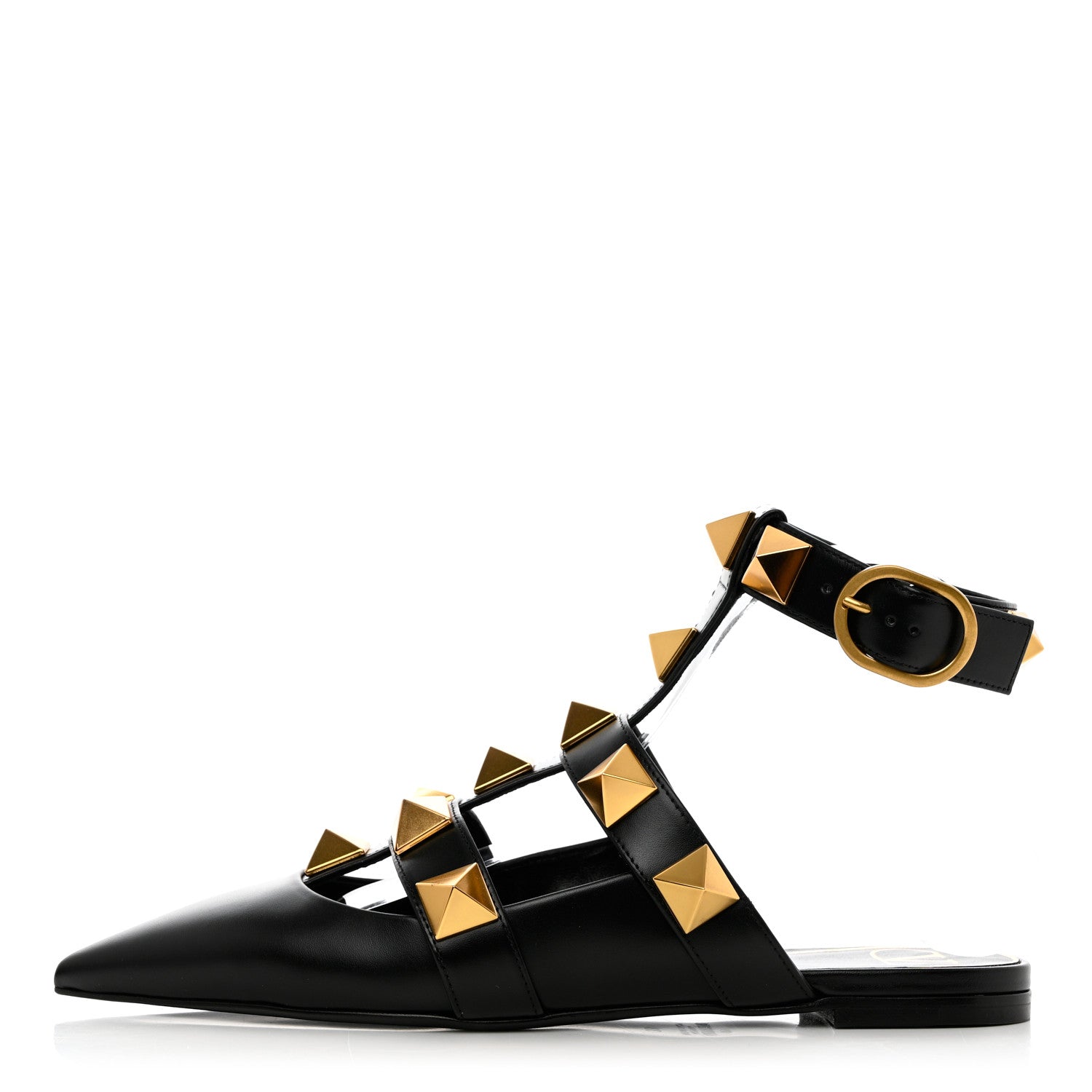 Valentino Garavani Calfskin Roman Stud Ankle Strap Flat Mules 38 Black 1 of 9