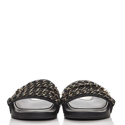 Chanel Lambskin Canvas Chain Flat Sandals 37 Marine 3 of 9