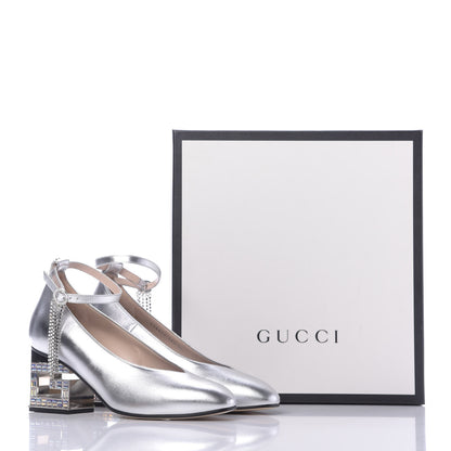 Gucci Metallic Nappa Crystal Square G Mid Heel Pumps 38.5 Silver 10 of 10