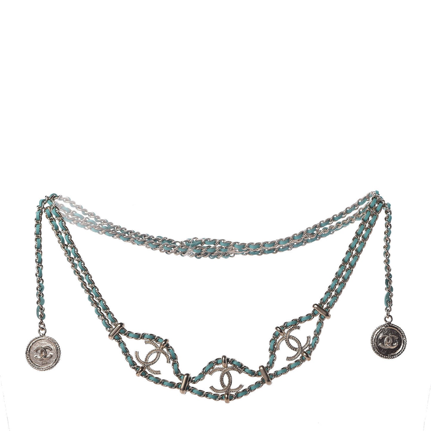 Metal Lambskin CC Chain Link Necklace Gold Turquoise
