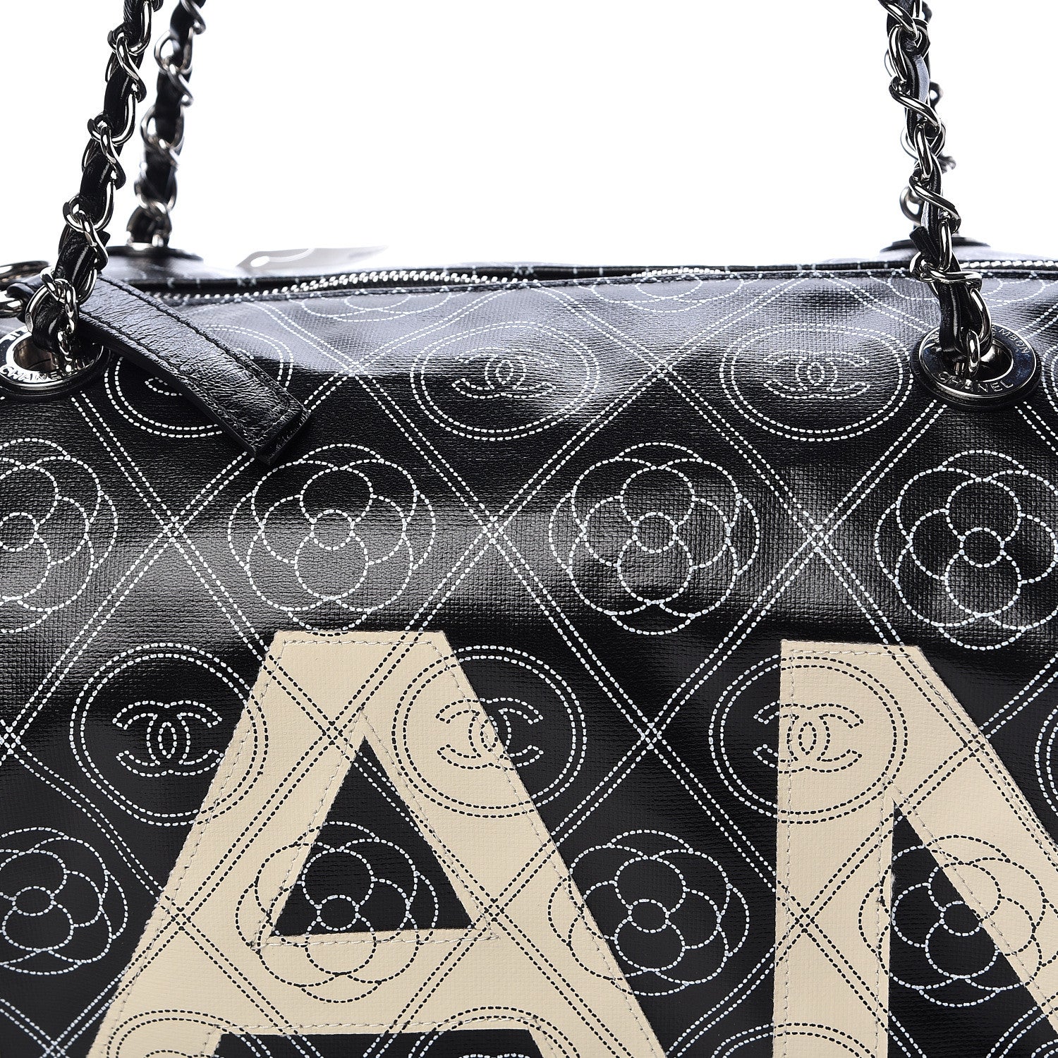 Chanel Coated Canvas Camellia Printed Calfskin Bowling Bag Black Beige 10 of 12