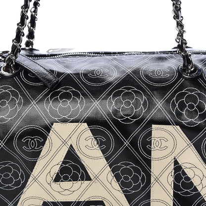 Chanel Coated Canvas Camellia Printed Calfskin Bowling Bag Black Beige 10 of 12