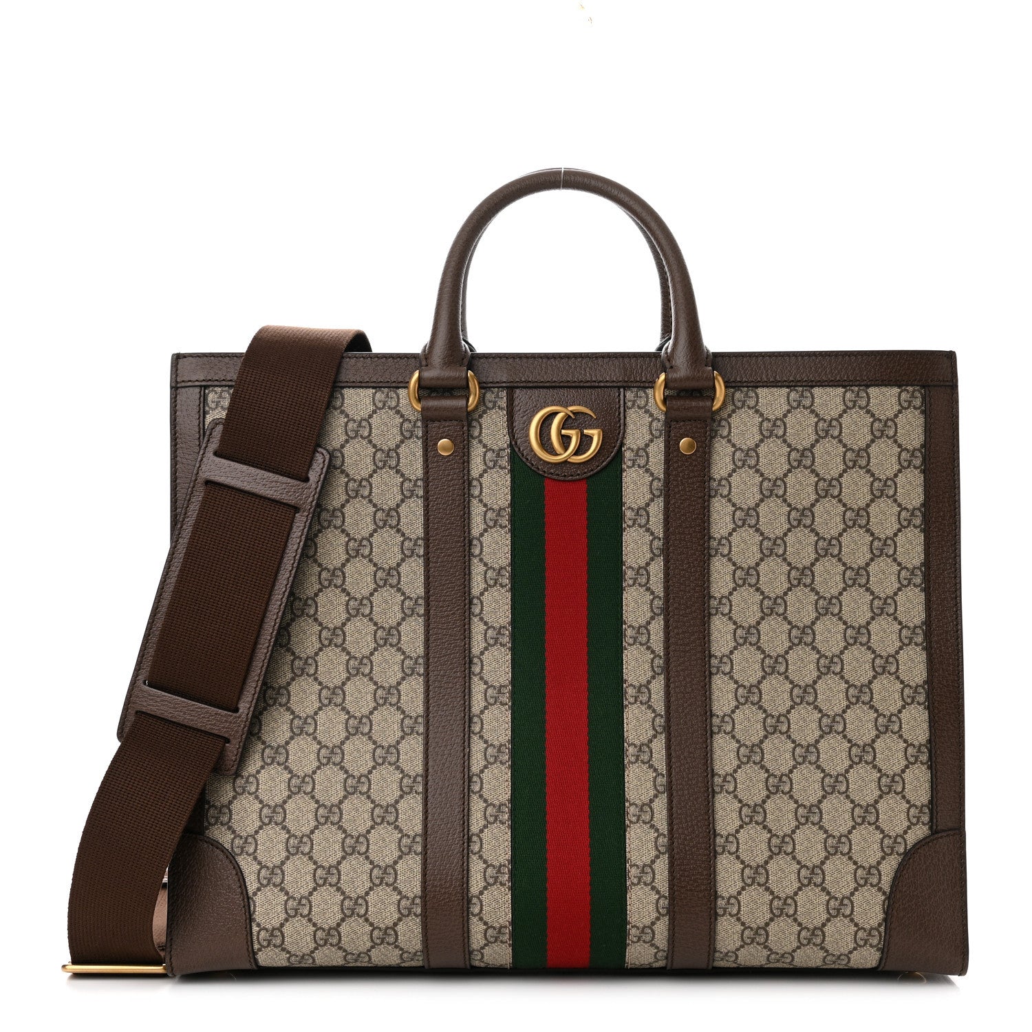 Gucci GG Supreme Monogram Textured Dollar Calfskin Web Large Ophidia Tote Bag Beige Ebony 1 of 10