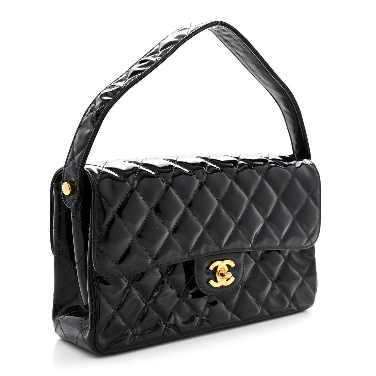 Patent Quilted Double Sided Shoulder Flap Bag Black