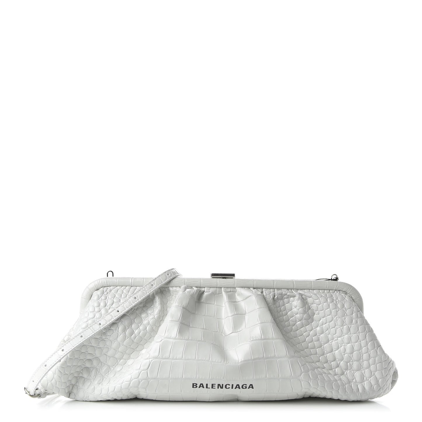 Shiny Supple Calfskin Logo Crocodile Embossed XL Cloud Clutch White