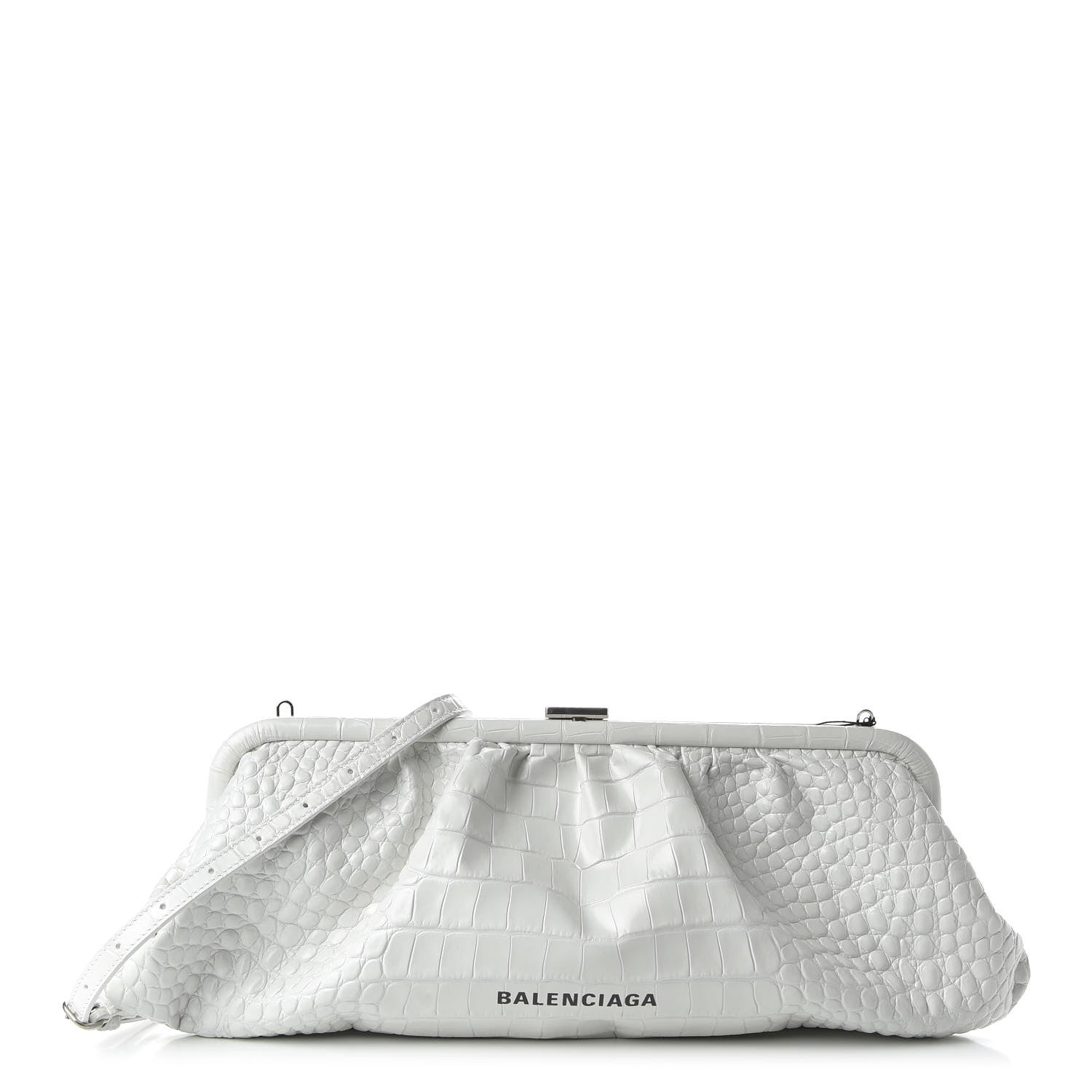 Balenciaga Shiny Supple Calfskin Logo Crocodile Embossed XL Cloud Clutch White 1 of 9