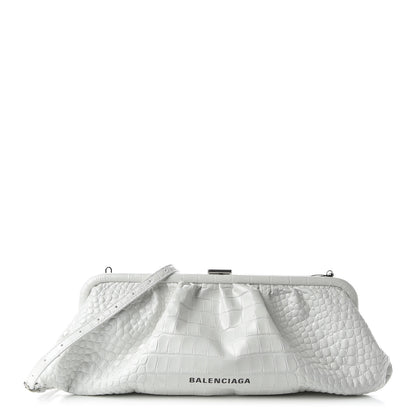 Balenciaga Shiny Supple Calfskin Logo Crocodile Embossed XL Cloud Clutch White 1 of 9