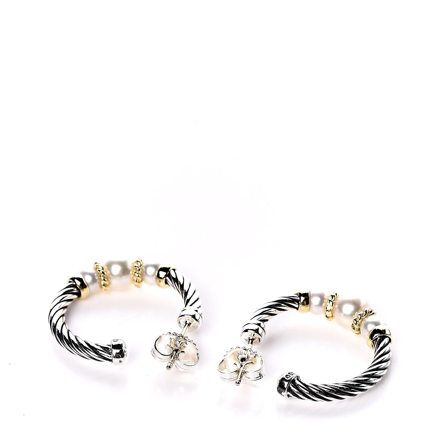 David Yurman Sterling Silver 18K Yellow Gold Freshwater Pearl Cable Hoop Earrings 3 of 4