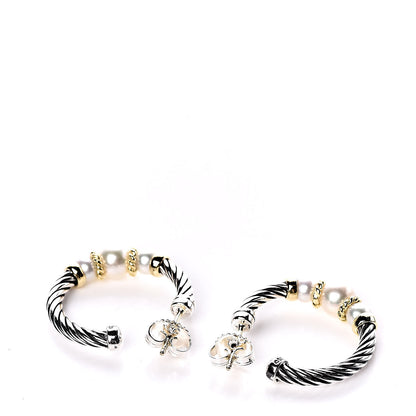 David Yurman Sterling Silver 18K Yellow Gold Freshwater Pearl Cable Hoop Earrings 3 of 4