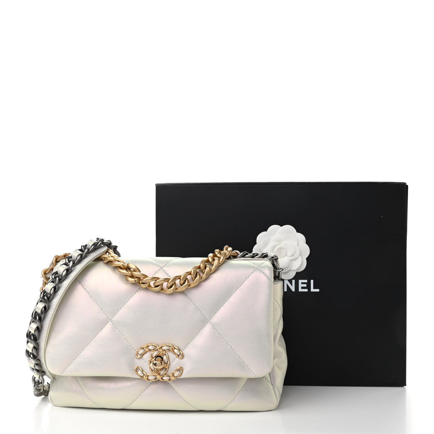 Iridescent Calfskin Quilted Medium Chanel 19 Flap White