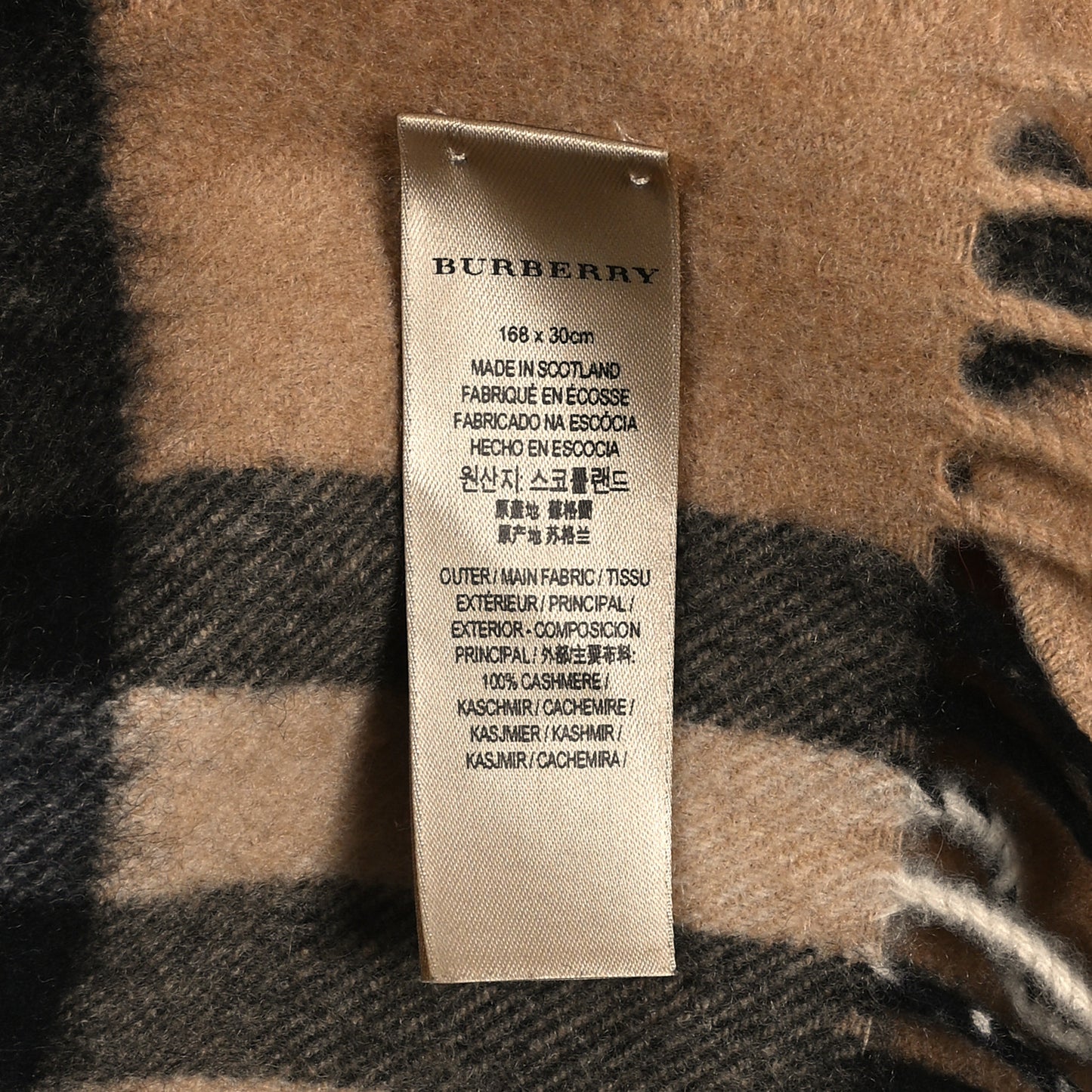 Cashmere Giant Check Fringe Scarf Camel