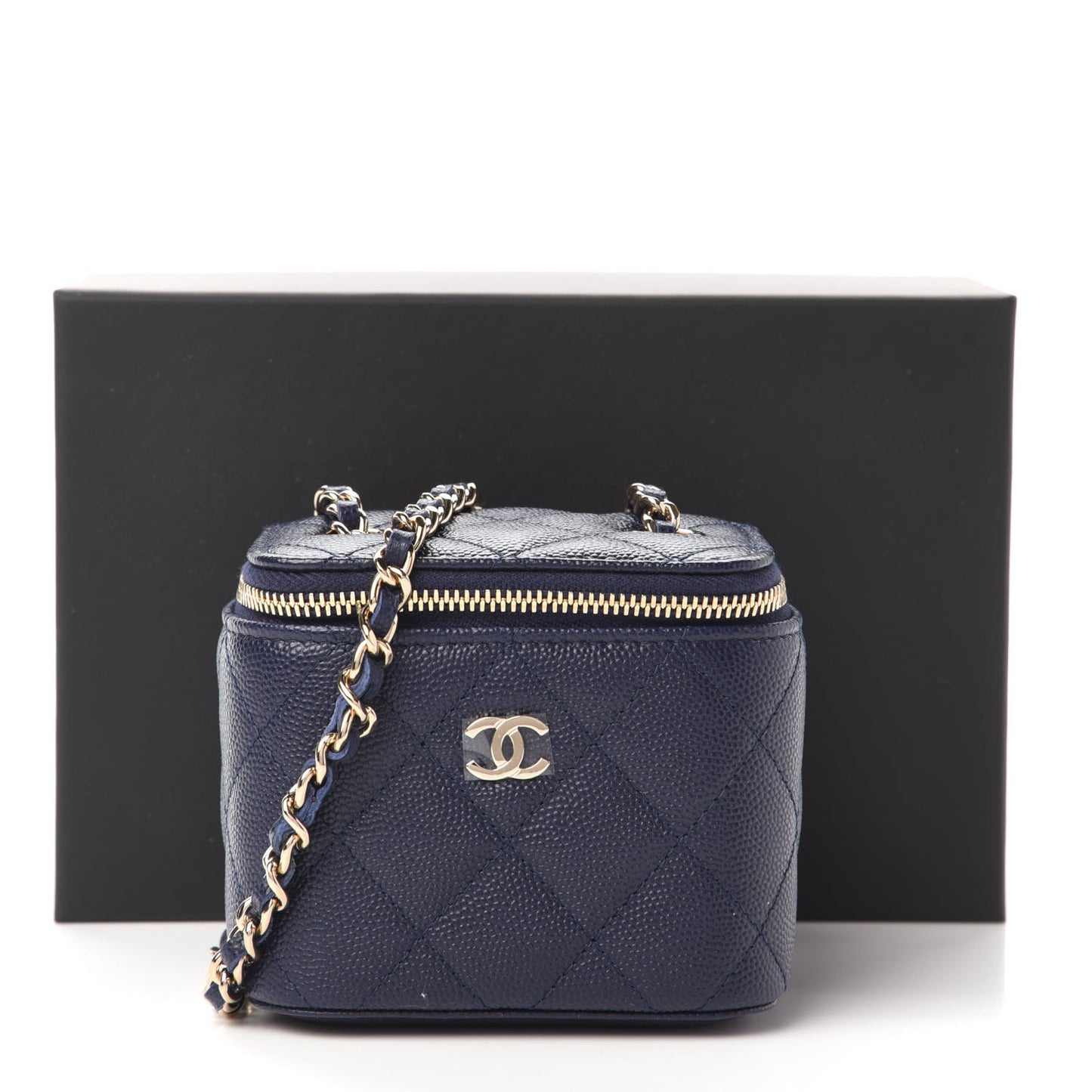 Caviar Quilted Mini Vanity Case With Chain Navy Blue