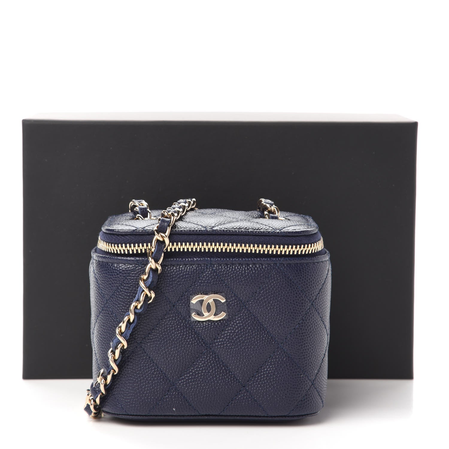 Chanel Caviar Quilted Mini Vanity Case With Chain Navy Blue 11 of 11