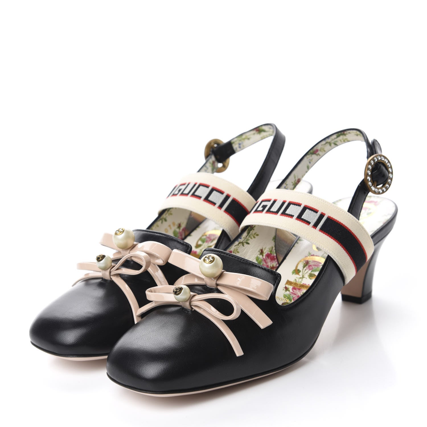 Gucci Malaga Kid Bow Ace Stripe Mid Heel Slingback Pumps 38 Black 3 of 10