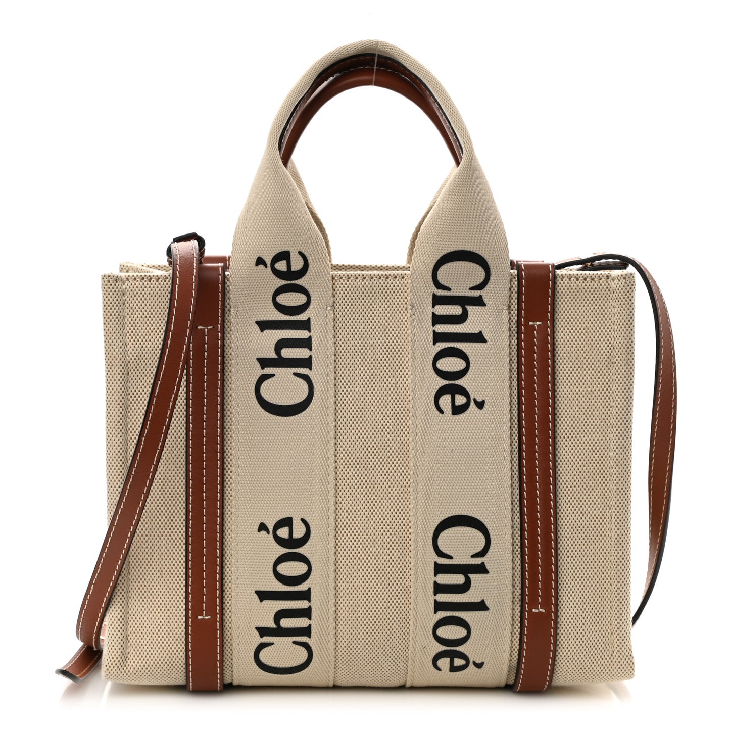Cotton Calfskin Small Woody Ribbon Tote With Strap White Brown
