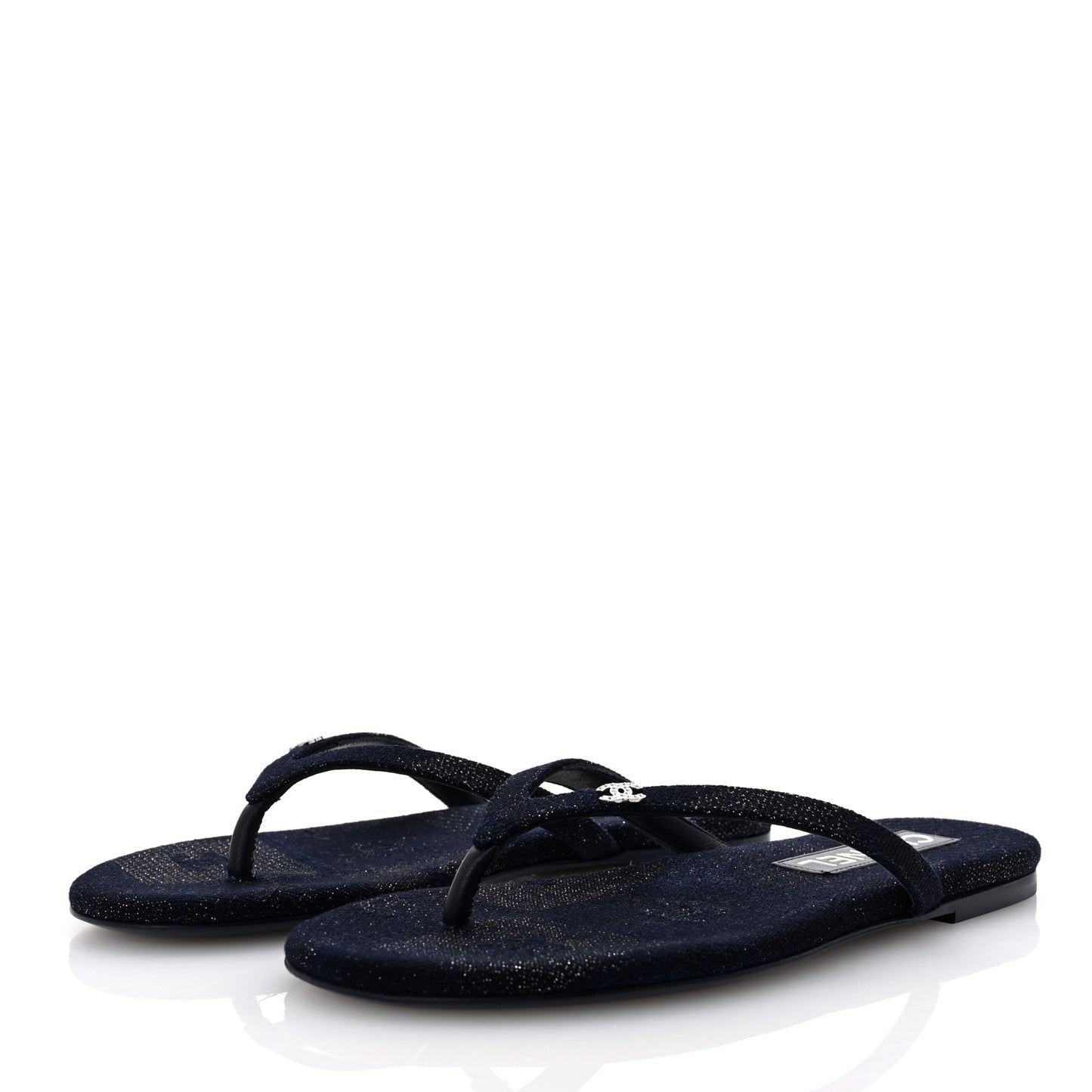 Cotton SIlk Crystal CC Thong Sandals 36.5 Dark Blue Silver