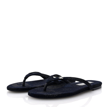 Chanel Cotton SIlk Crystal CC Thong Sandals 36.5 Dark Blue Silver 4 of 10