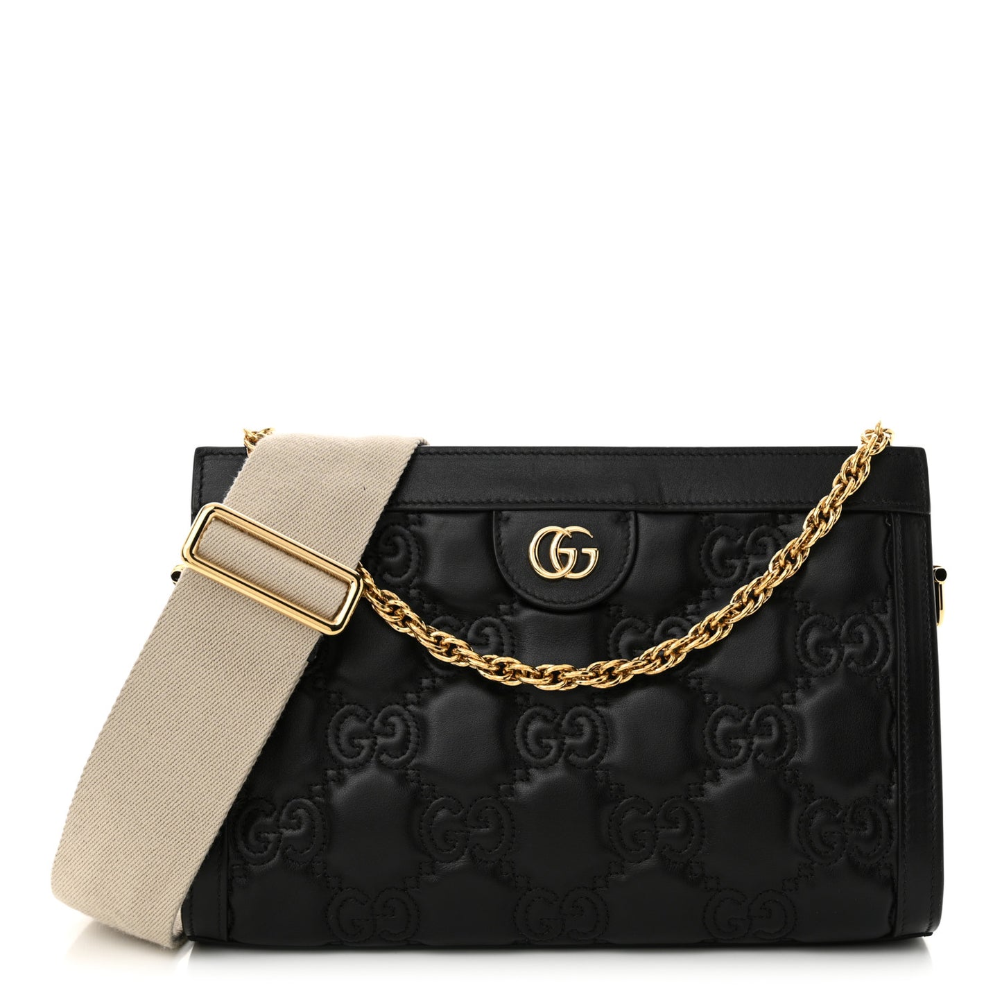 Calfskin GG Matelasse Small Slim Chain Shoulder Bag Black Natural