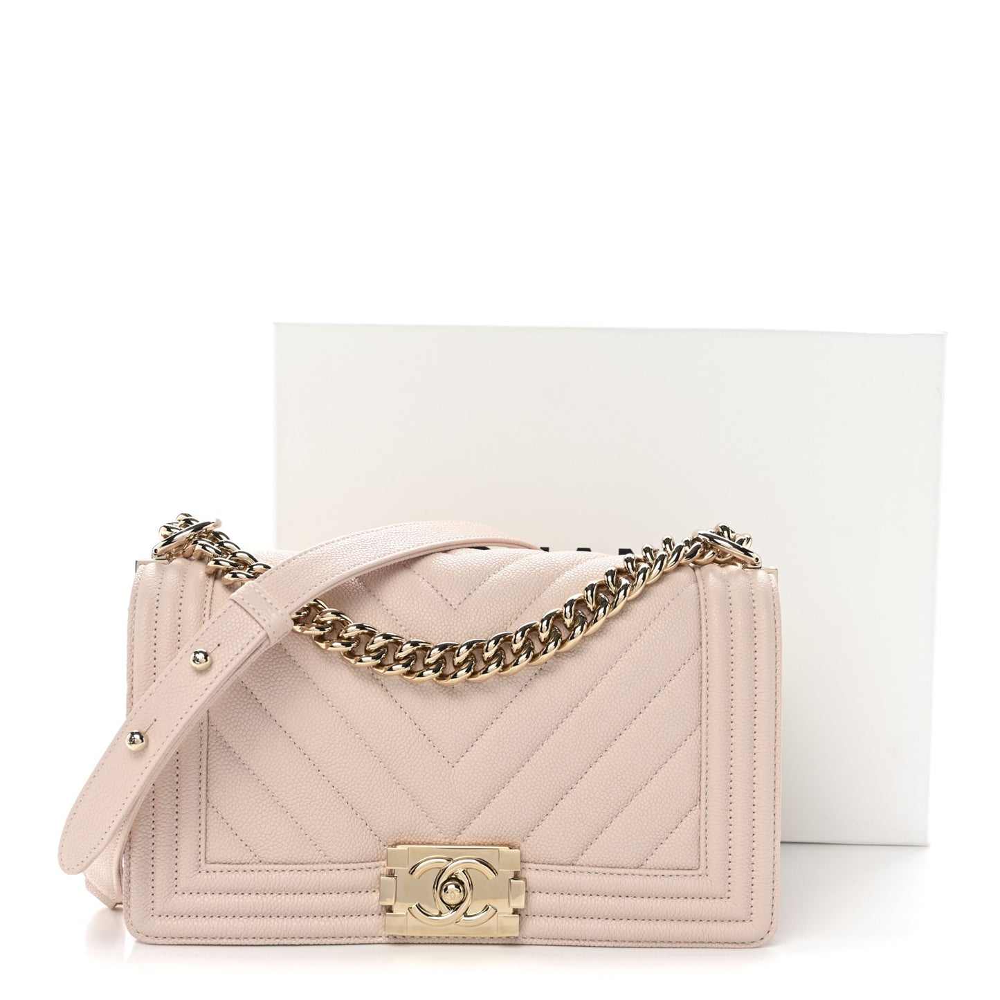 Caviar Chevron Quilted Medium Boy Flap Light Pink
