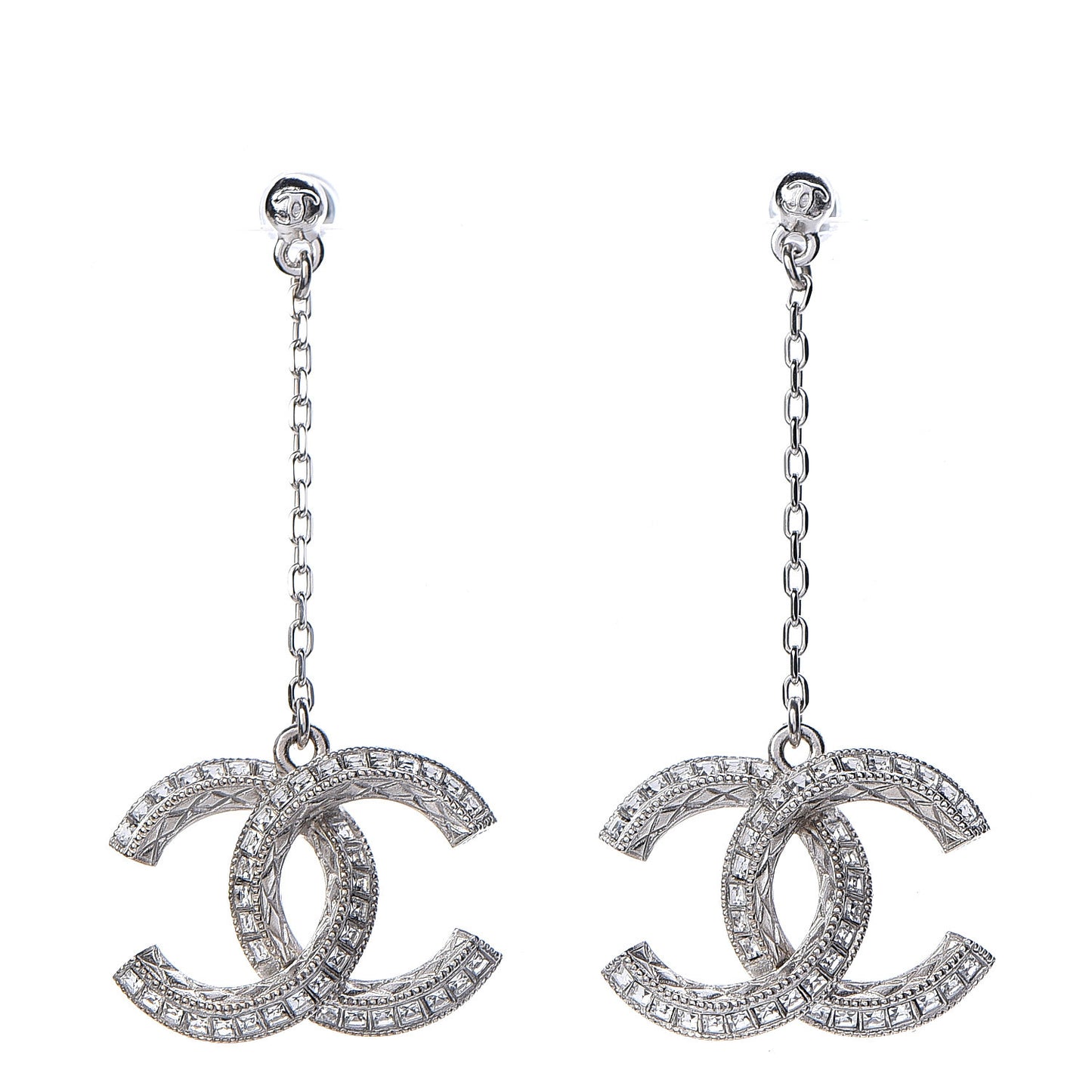 Baguette Crystal CC Drop Earrings Silver