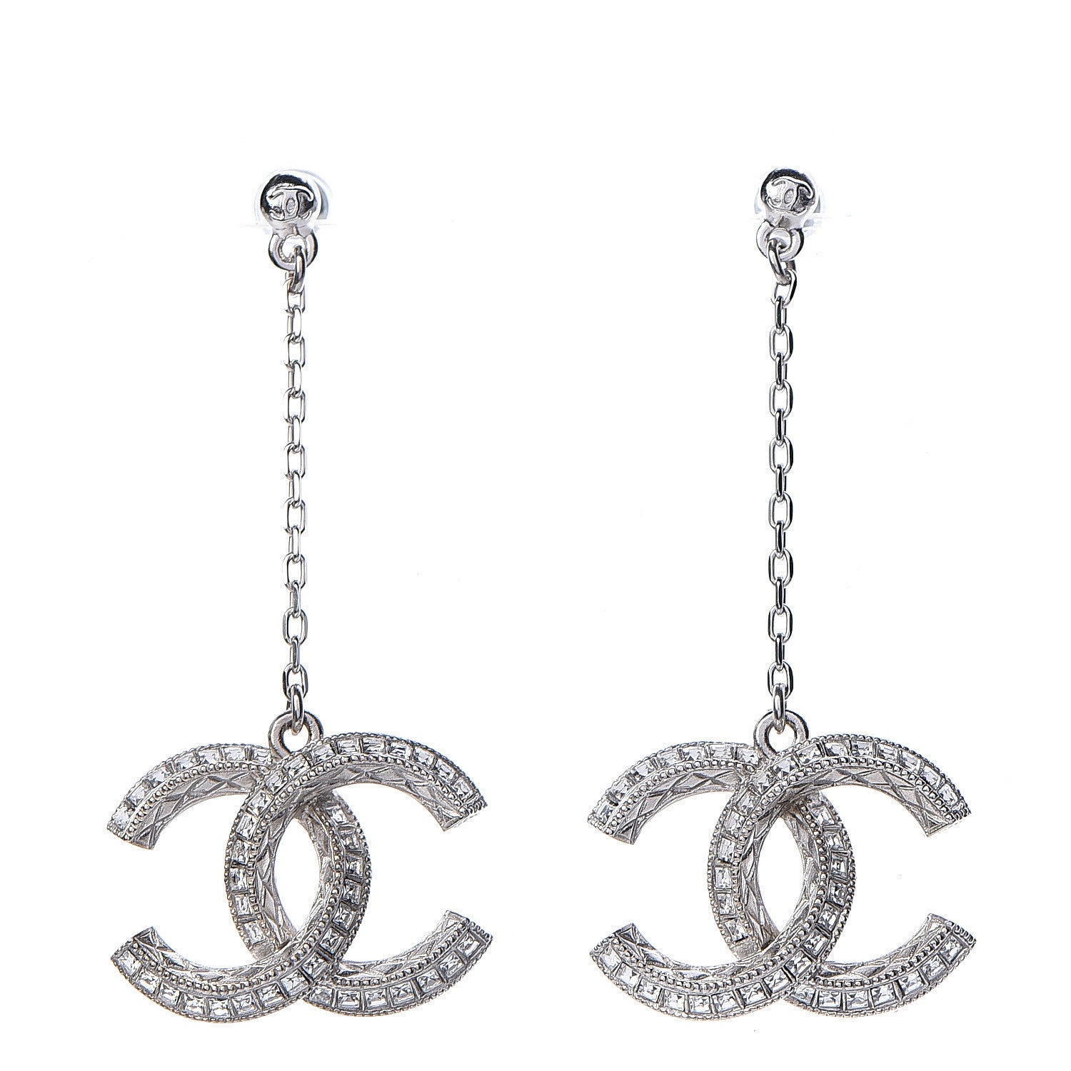 Chanel Baguette Crystal CC Drop Earrings Silver 1 of 3